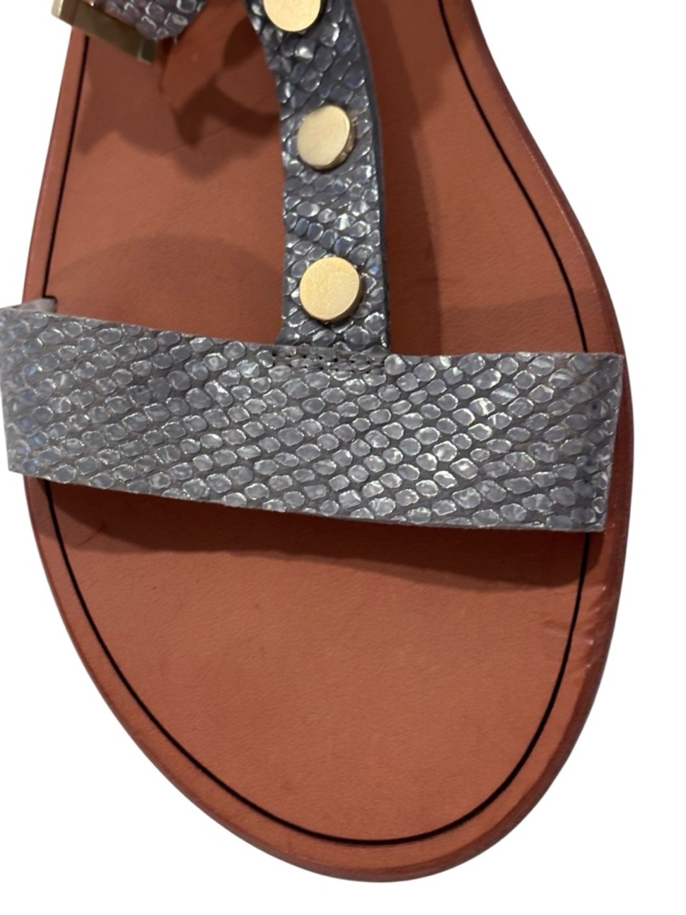 Hammitt Silver Textured Leather Gold-Tone Studded Flat Sandals - Picture 3 of 9